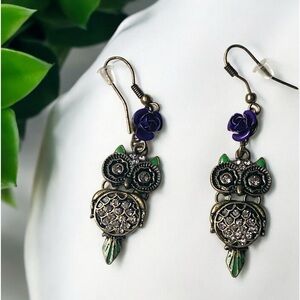 Bronze Owl Purple Rose Metal Rhinestones Dangle Earring’s Woman’s Jewelry